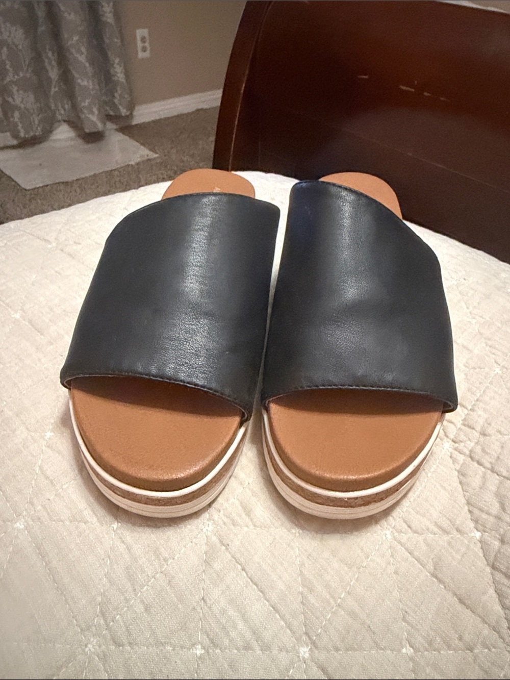 Adrienne Vittadini Black Slide Mules with Tan Footbed